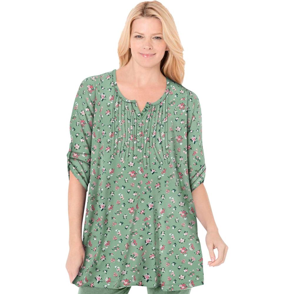 imageWoman Within Plus Size 7Day ThreeQuarter Sleeve Pintucked Henley TunicSage Pretty Bouquet