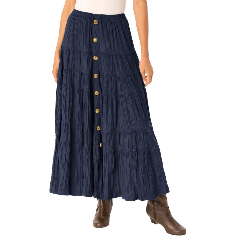 imageWoman Within Plus Size Button Front Moleskin Tiered Maxi Skirt Petite AvailableNavy