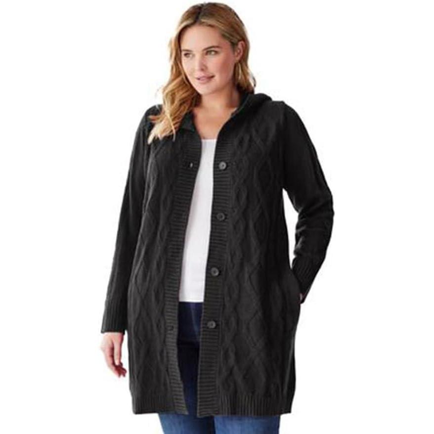 imageWoman Within Plus Size Cable Cardigan HoodieBlack