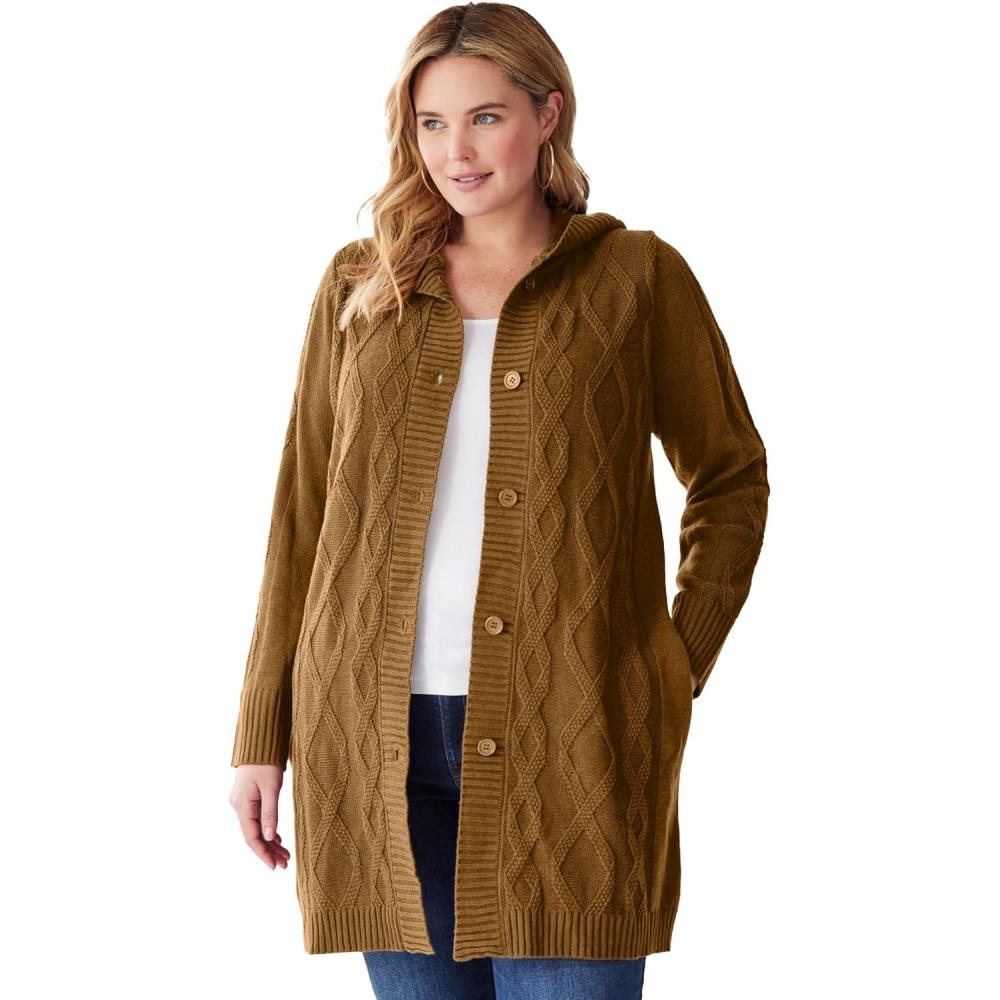 imageWoman Within Plus Size Cable Cardigan HoodieToffee