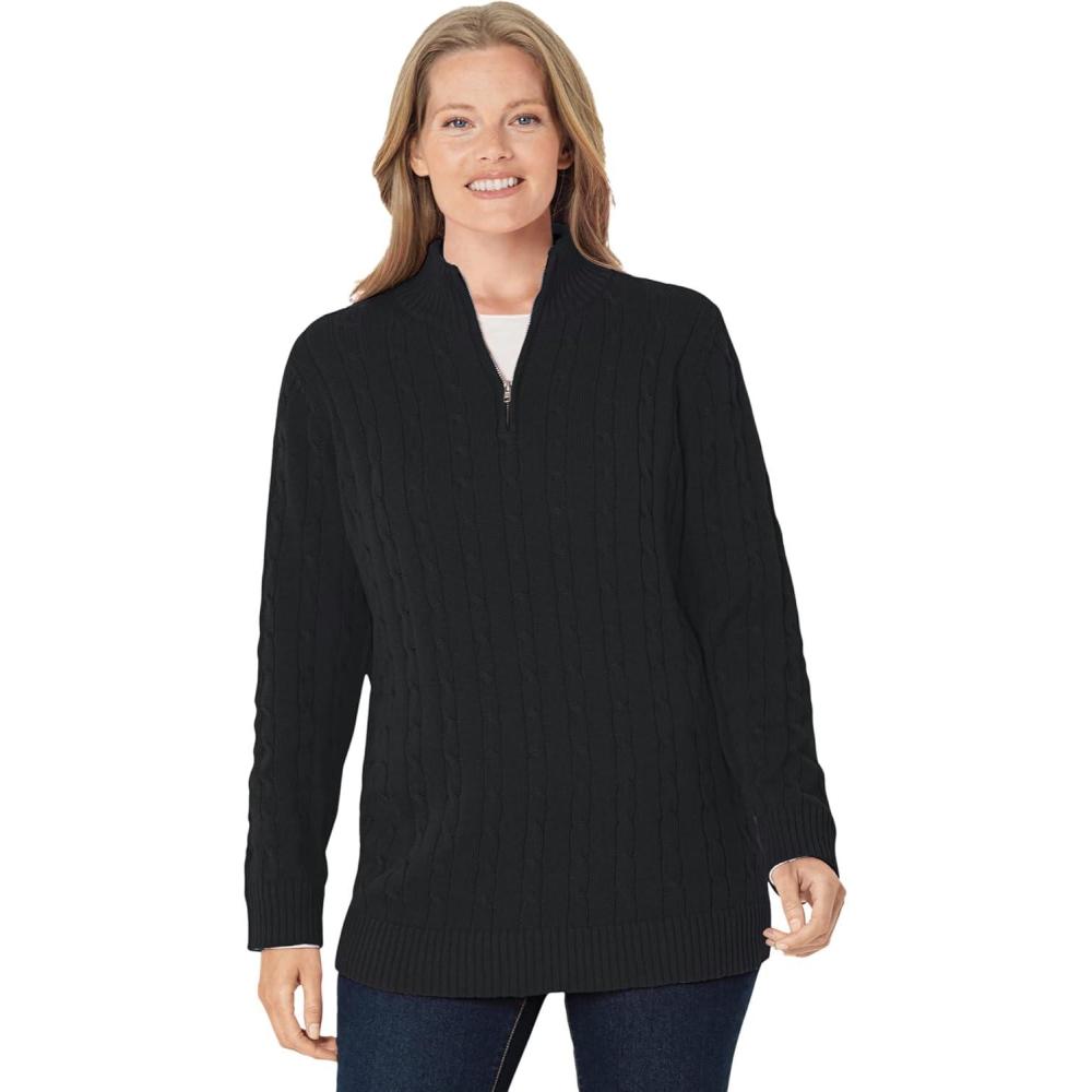 imageWoman Within Plus Size Cable Knit HalfZip Pullover SweaterBlack