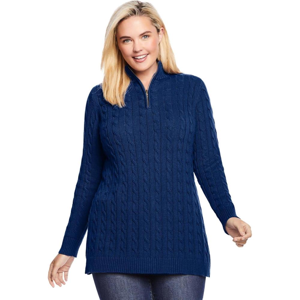 imageWoman Within Plus Size Cable Knit HalfZip Pullover SweaterEvening Blue