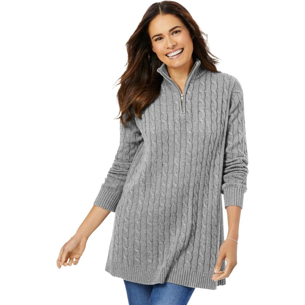 imageWoman Within Plus Size Cable Knit HalfZip Pullover SweaterMedium Heather Grey
