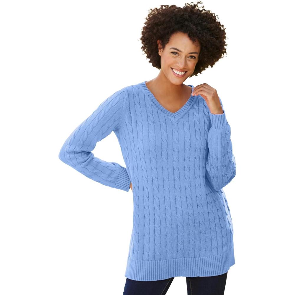 imageWoman Within Plus Size Cable Knit VNeck Pullover SweaterFrench Blue