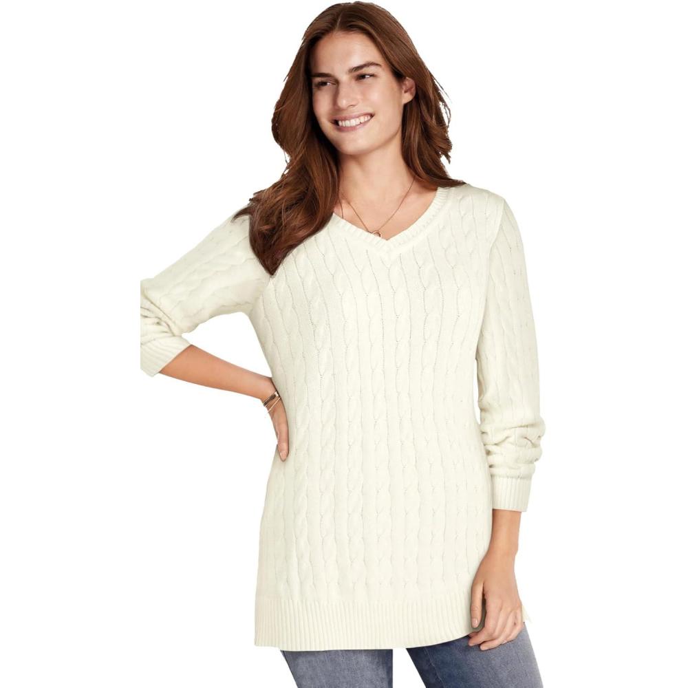 imageWoman Within Plus Size Cable Knit VNeck Pullover SweaterIvory