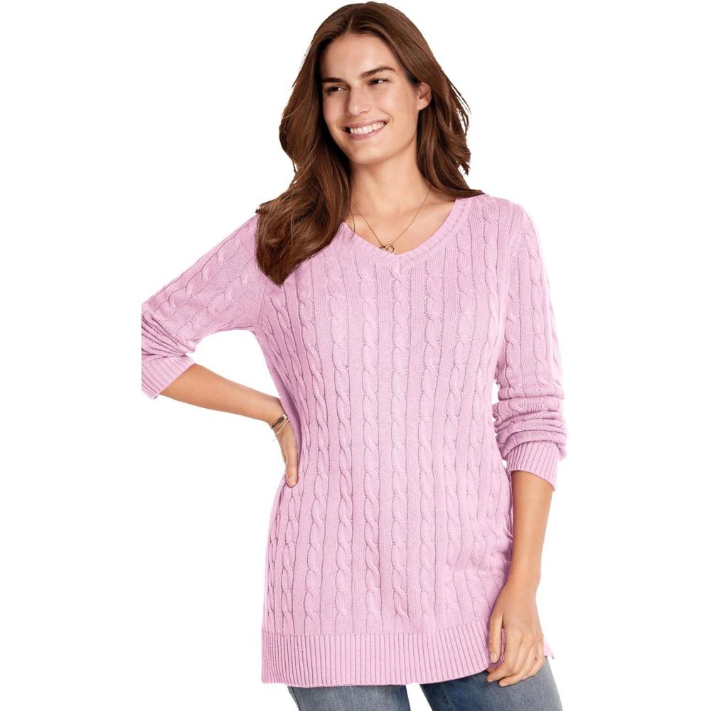 imageWoman Within Plus Size Cable Knit VNeck Pullover SweaterPink