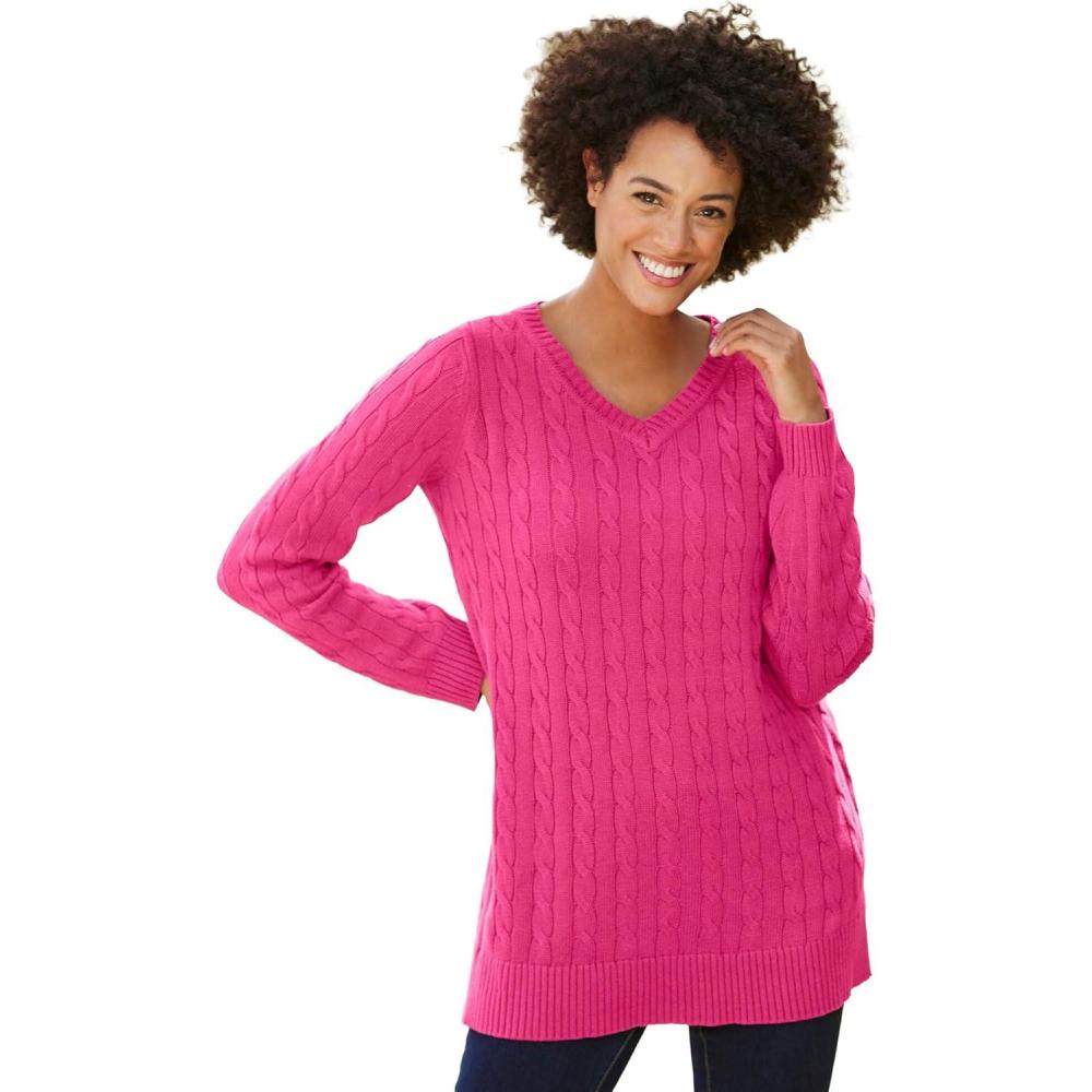 imageWoman Within Plus Size Cable Knit VNeck Pullover SweaterRaspberry Sorbet