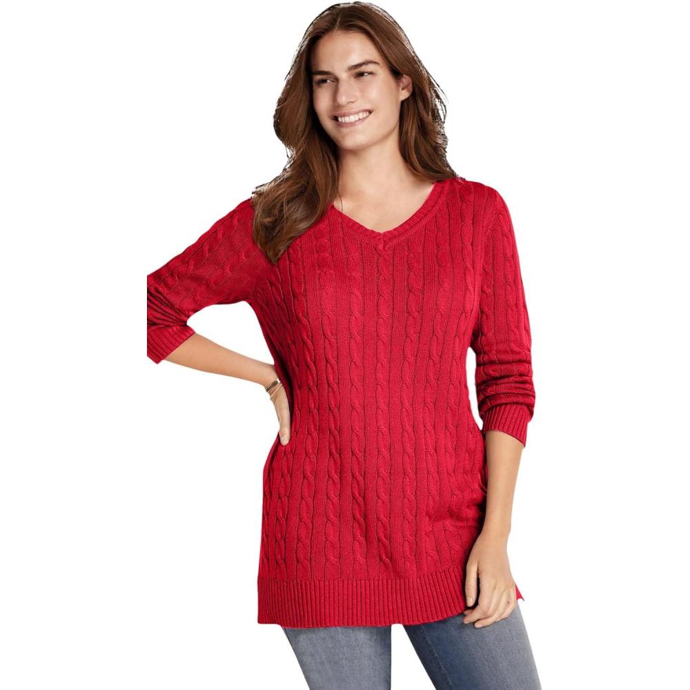 imageWoman Within Plus Size Cable Knit VNeck Pullover SweaterVivid Red