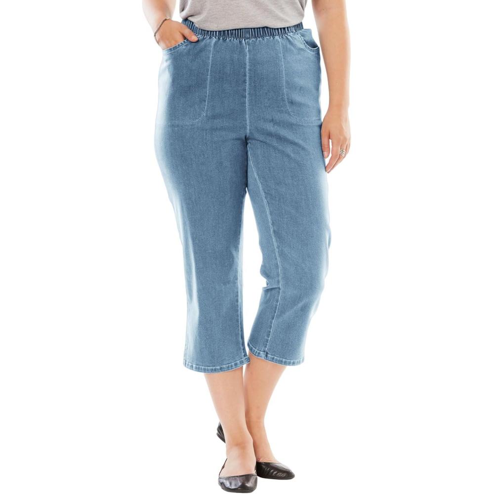 imageWoman Within Plus Size Capri Elastic Waist Stretch Fineline Denim Jean Petite AvailableLight Stonewash