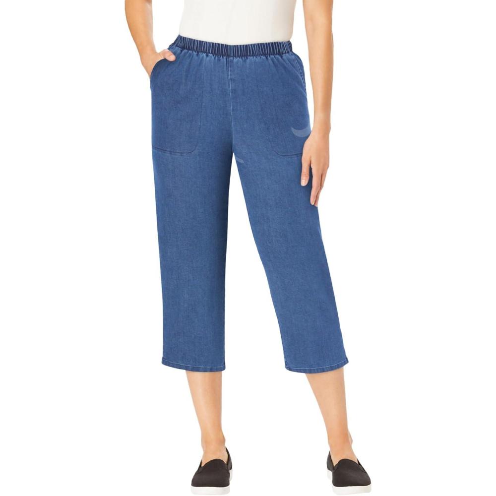 imageWoman Within Plus Size Capri Elastic Waist Stretch Fineline Denim Jean Petite AvailableMedium Stonewash