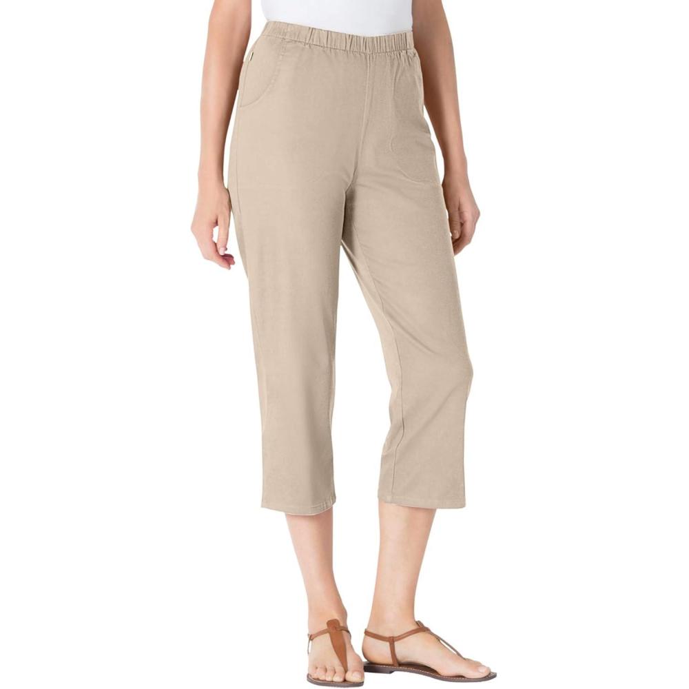 imageWoman Within Plus Size Capri Elastic Waist Stretch Fineline Denim Jean Petite AvailableNatural Khaki