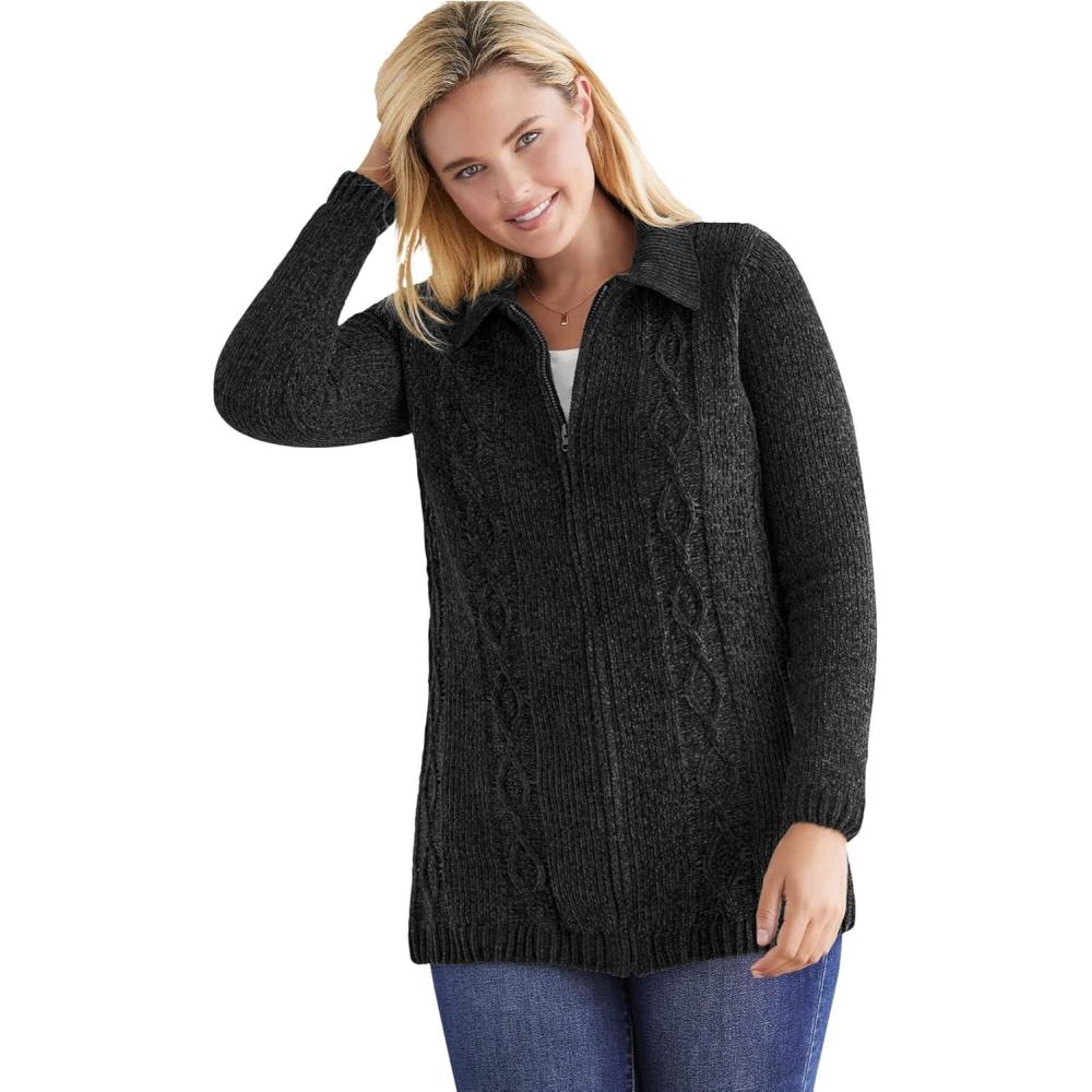 imageWoman Within Plus Size Chenille Zip Cable CardiganBlack