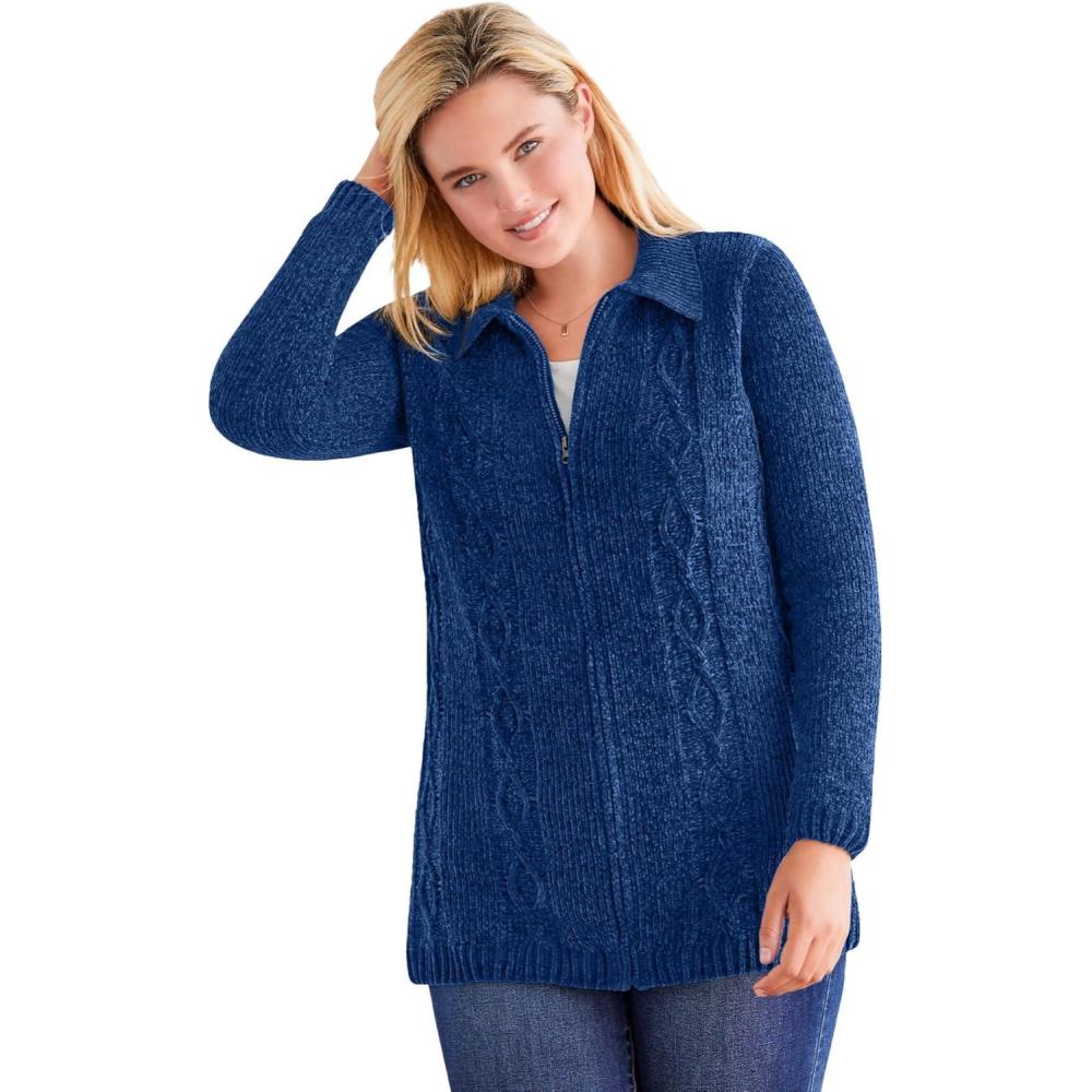 imageWoman Within Plus Size Chenille Zip Cable CardiganEvening Blue