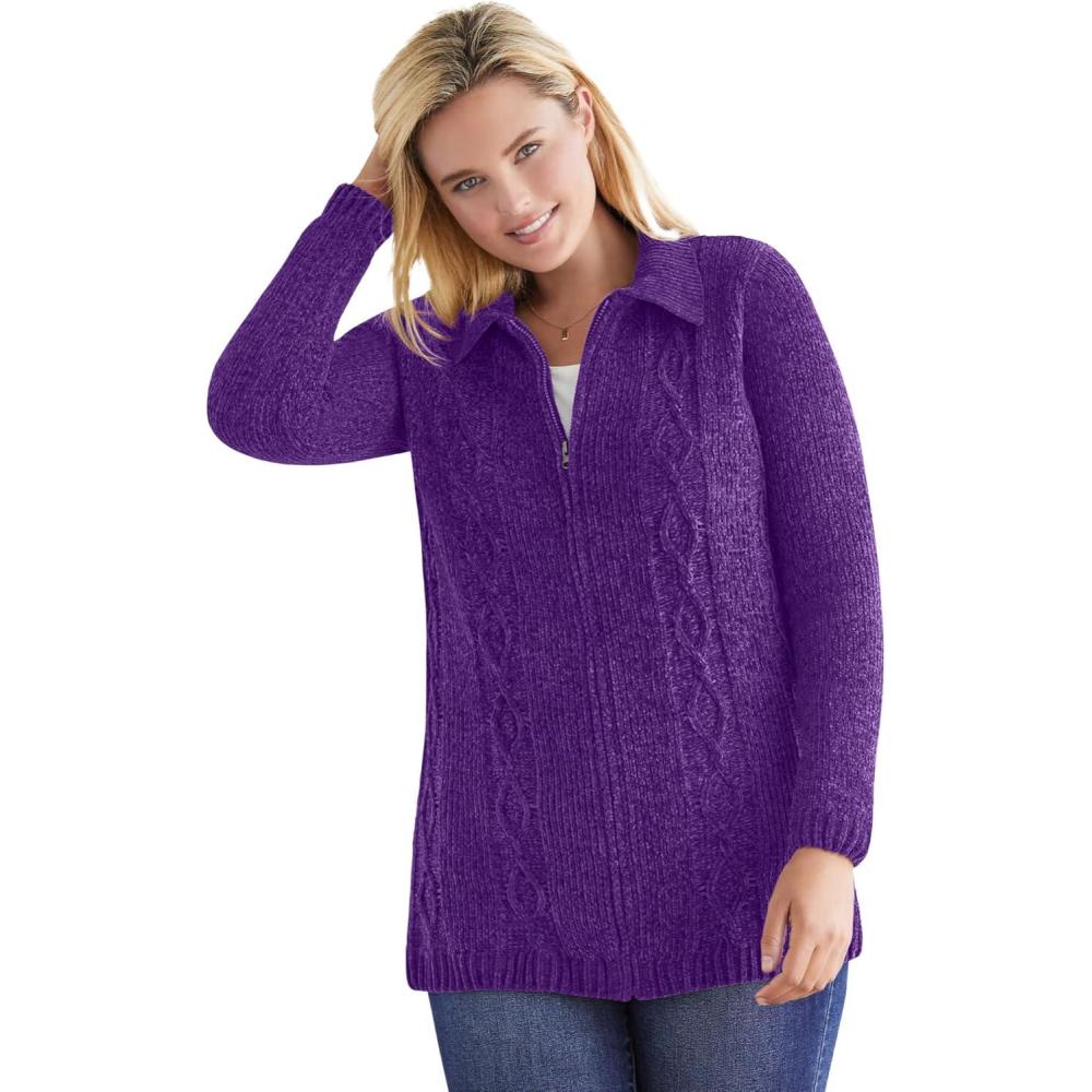 imageWoman Within Plus Size Chenille Zip Cable CardiganRadiant Purple