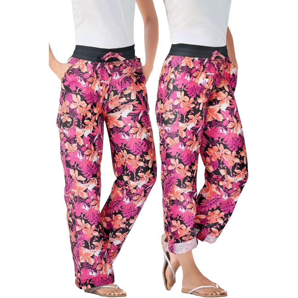 imageWoman Within Plus Size Convertible 2in1 Cargo Pant ampamp Capri Elastic WaistBlack Coral Hibiscus