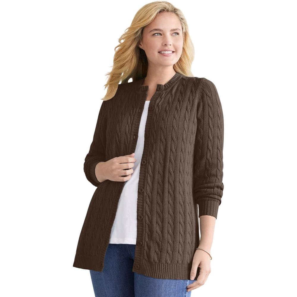 imageWoman Within Plus Size Cotton Cable Knit Cardigan SweaterChocolate