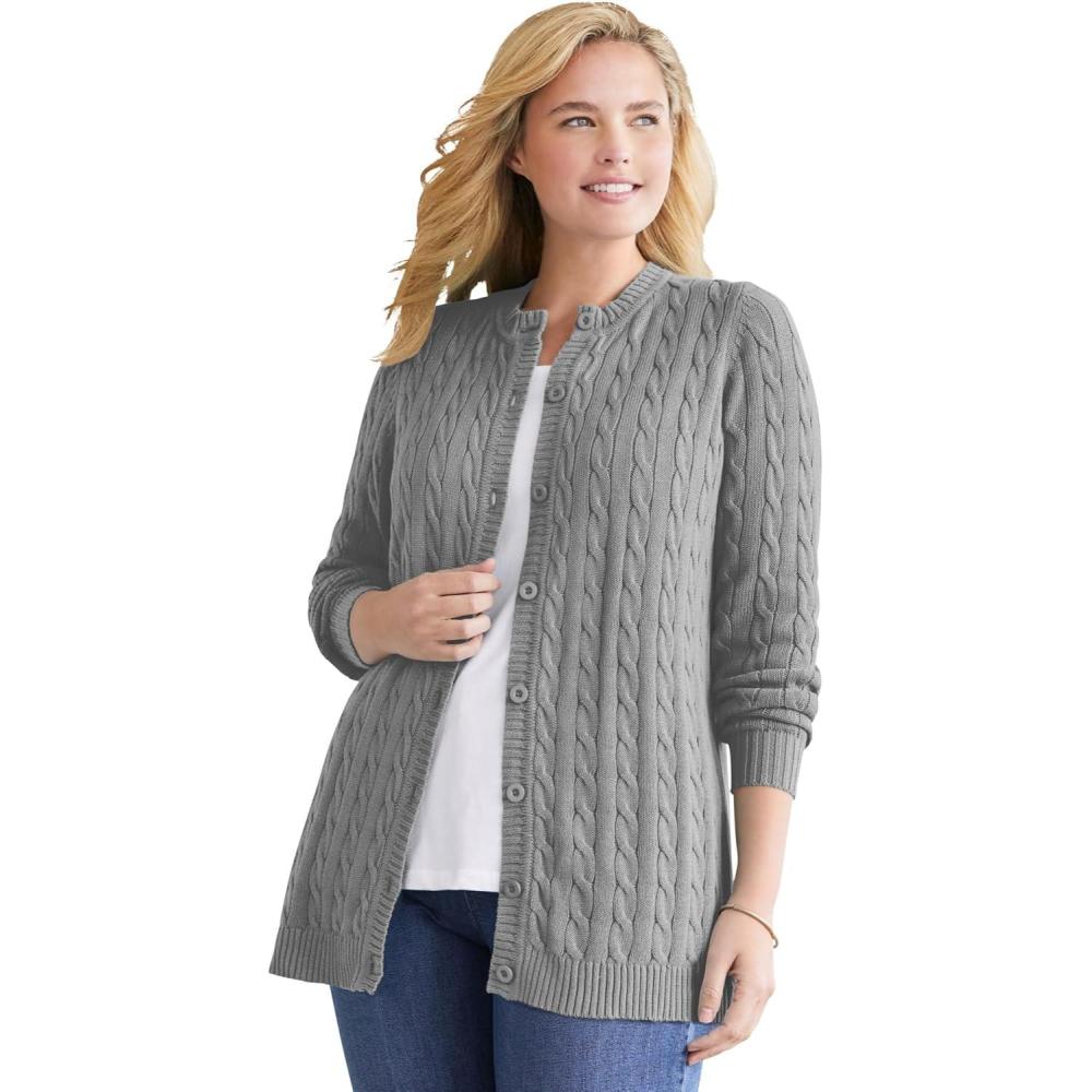 imageWoman Within Plus Size Cotton Cable Knit Cardigan SweaterMedium Heather Grey