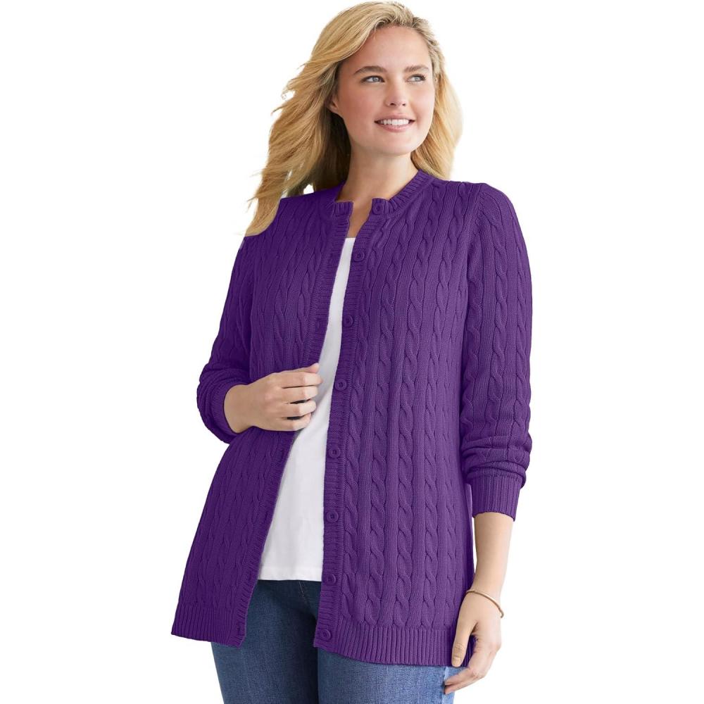 imageWoman Within Plus Size Cotton Cable Knit Cardigan SweaterRadiant Purple