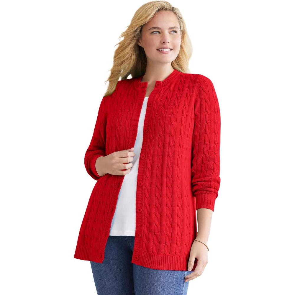 imageWoman Within Plus Size Cotton Cable Knit Cardigan SweaterVivid Red