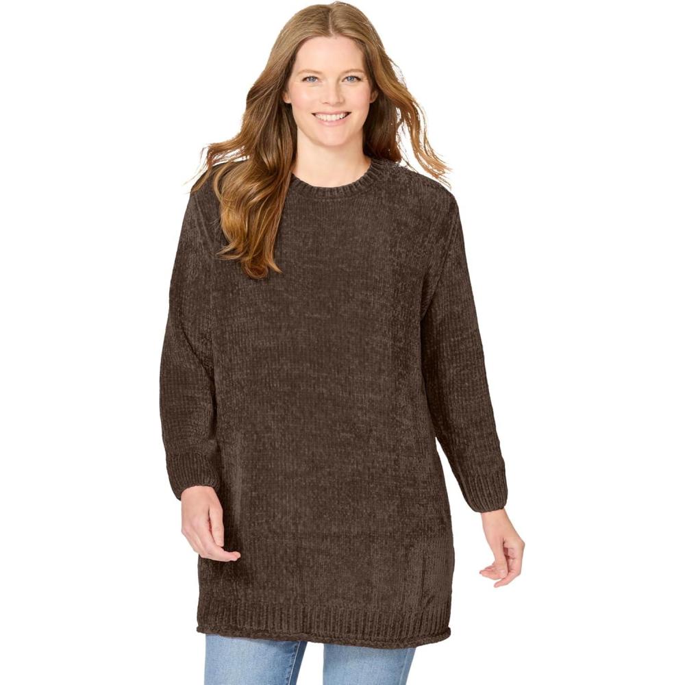 imageWoman Within Plus Size Crewneck Chenille SweaterChocolate