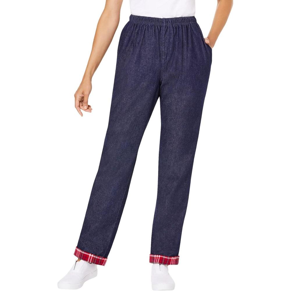 imageWoman Within Plus Size ElasticWaist Cotton Straight Leg Denim Pant with Flannel LiningIndigo