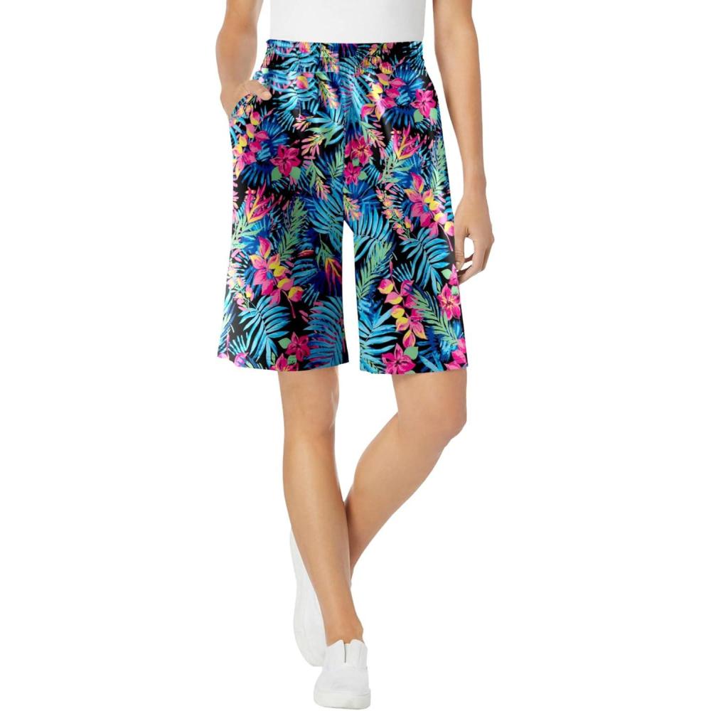 imageWoman Within Plus Size ElasticWaist Knit ShortBlack Multi Tropicana