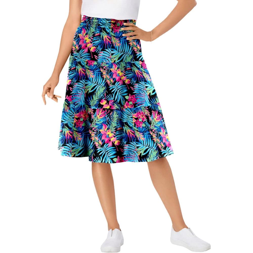 imageWoman Within Plus Size ElasticWaist Knit Tiered SkirtBlack Multi Watercolor Tropicana