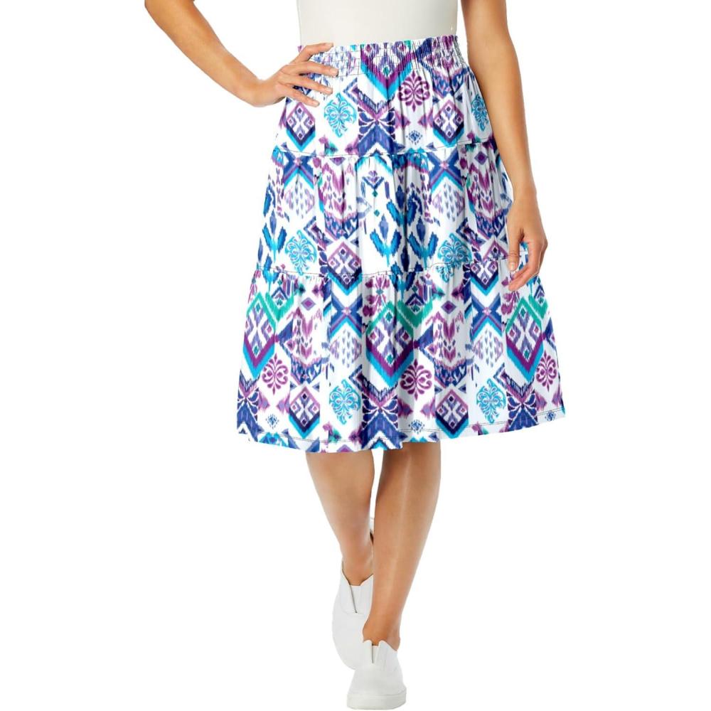 imageWoman Within Plus Size ElasticWaist Knit Tiered SkirtWhite Multi Batik
