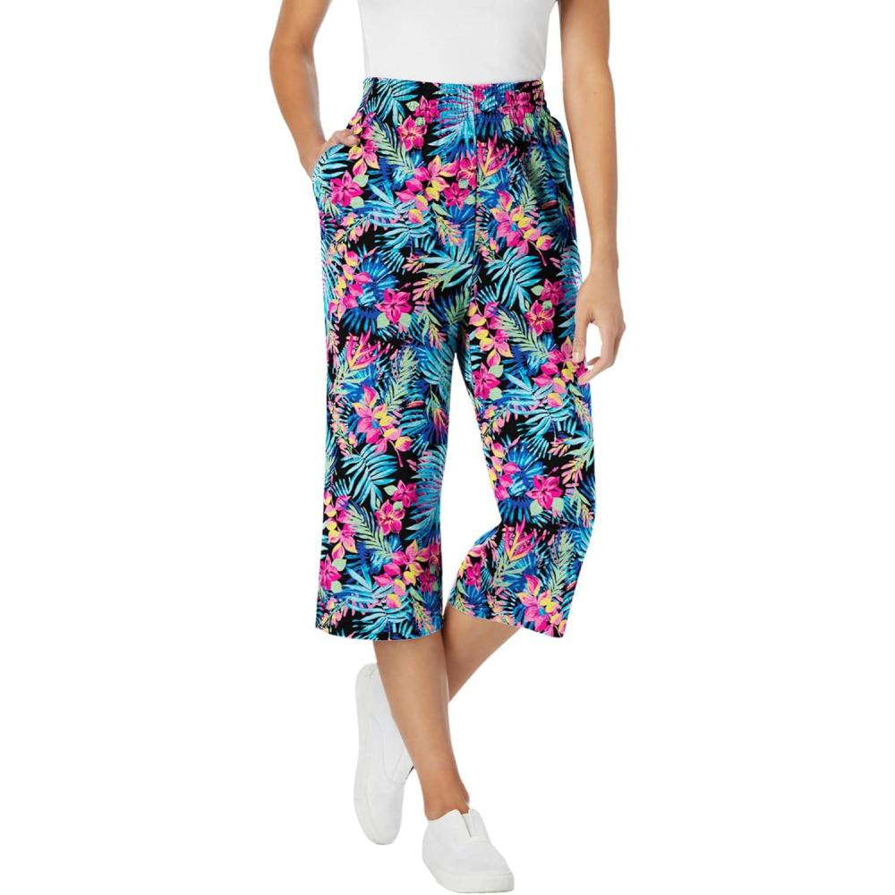 imageWoman Within Plus Size ElasticWaist PullOn Knit Pocket Capri PantsBlack Multi Watercolor Tropicana