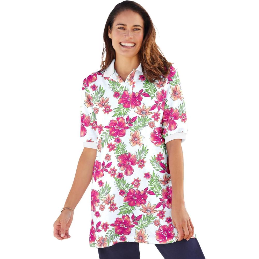 imageWoman Within Plus Size ElbowSleeve Polo TunicWhite Tropical