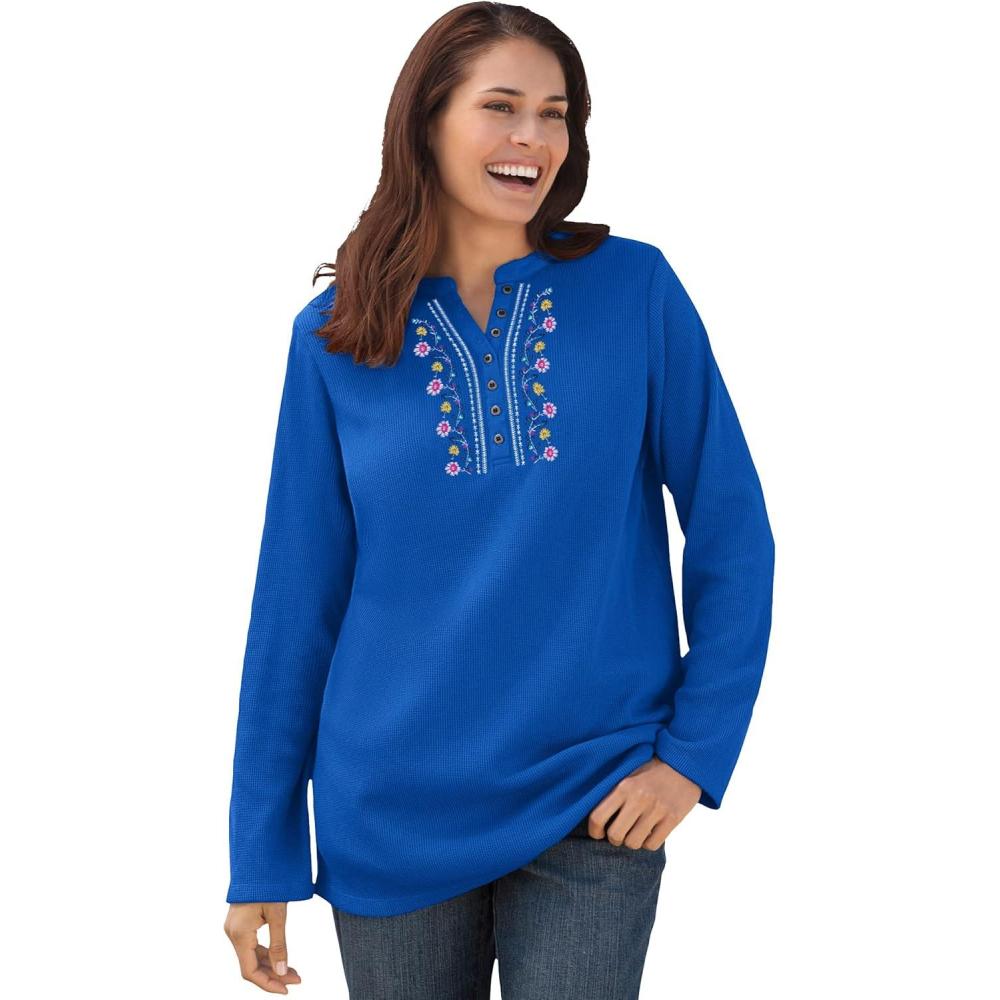 imageWoman Within Plus Size Embroidered Thermal Henley TeeBright Cobalt Vine Embroidery