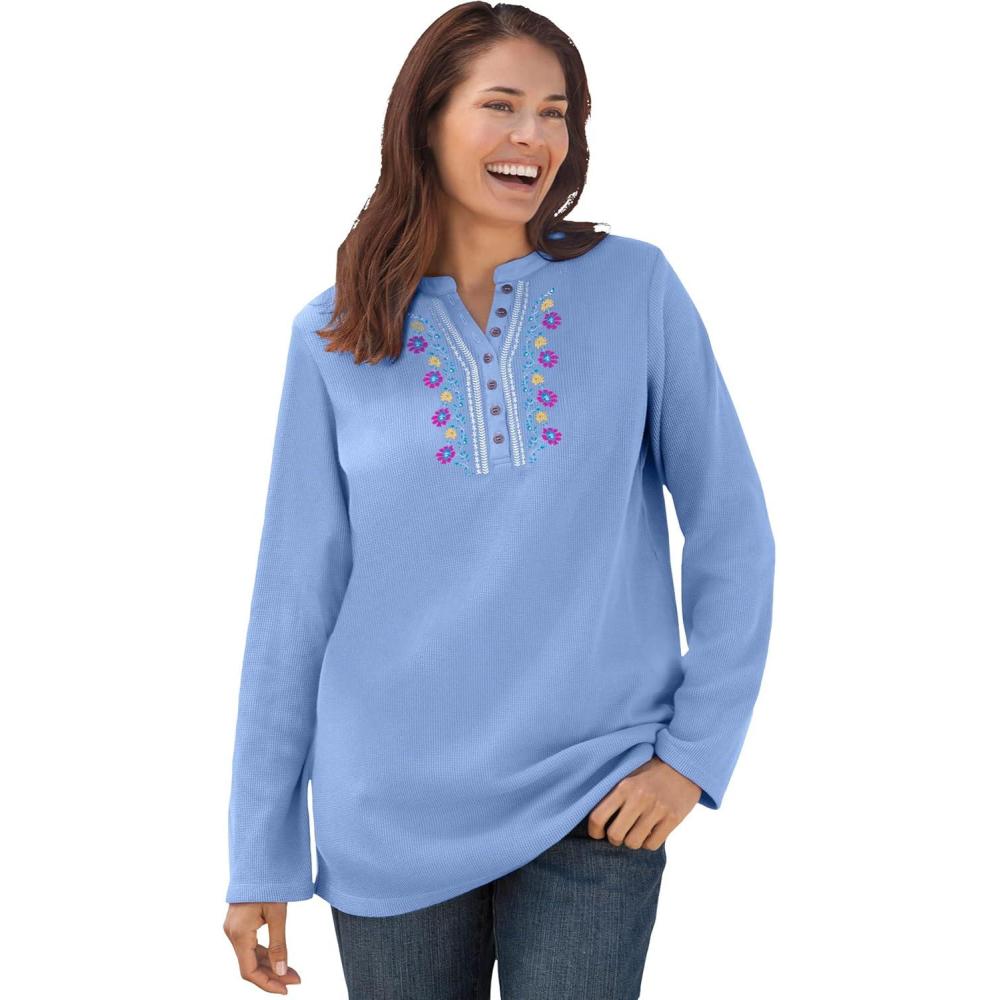 imageWoman Within Plus Size Embroidered Thermal Henley TeeFrench Blue Vine Embroidery