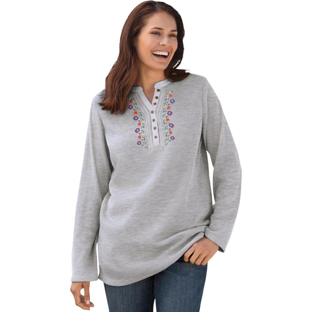 imageWoman Within Plus Size Embroidered Thermal Henley TeeHeather Grey Vine Embroidery