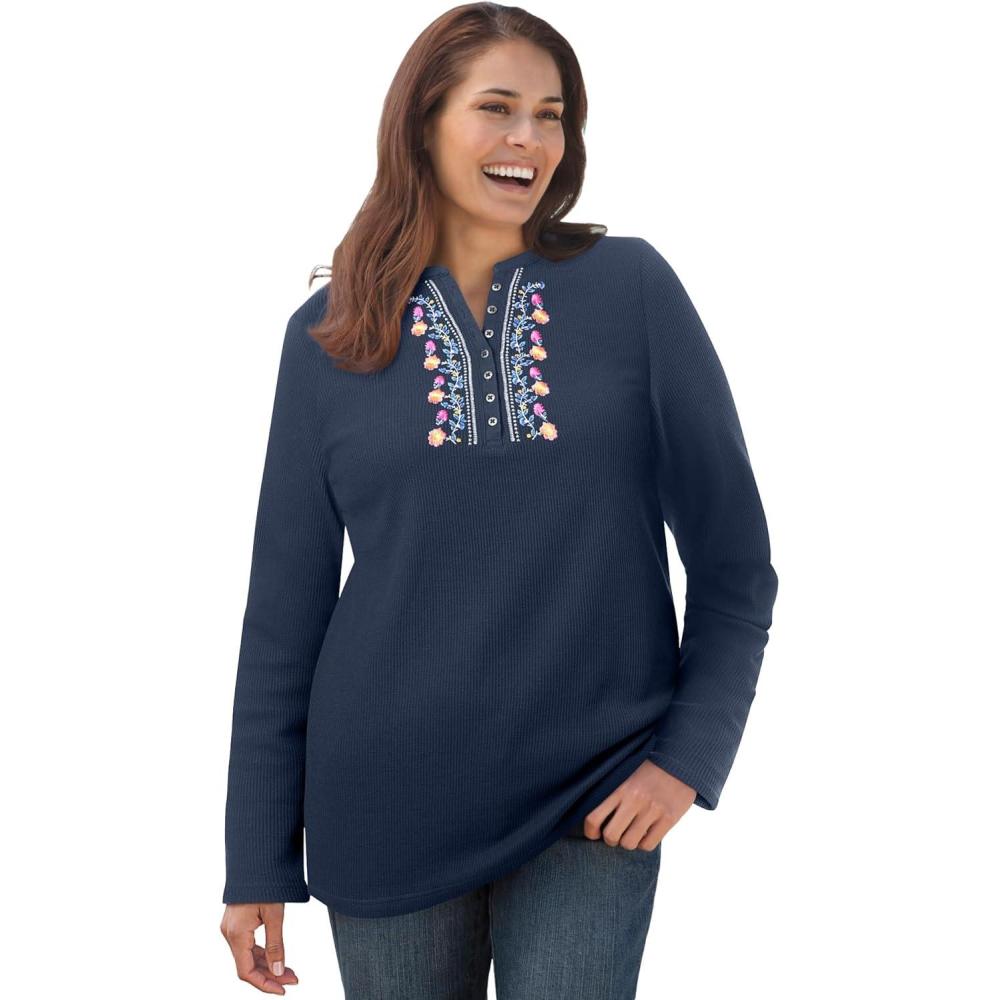 imageWoman Within Plus Size Embroidered Thermal Henley TeeNavy Vine Embroidery