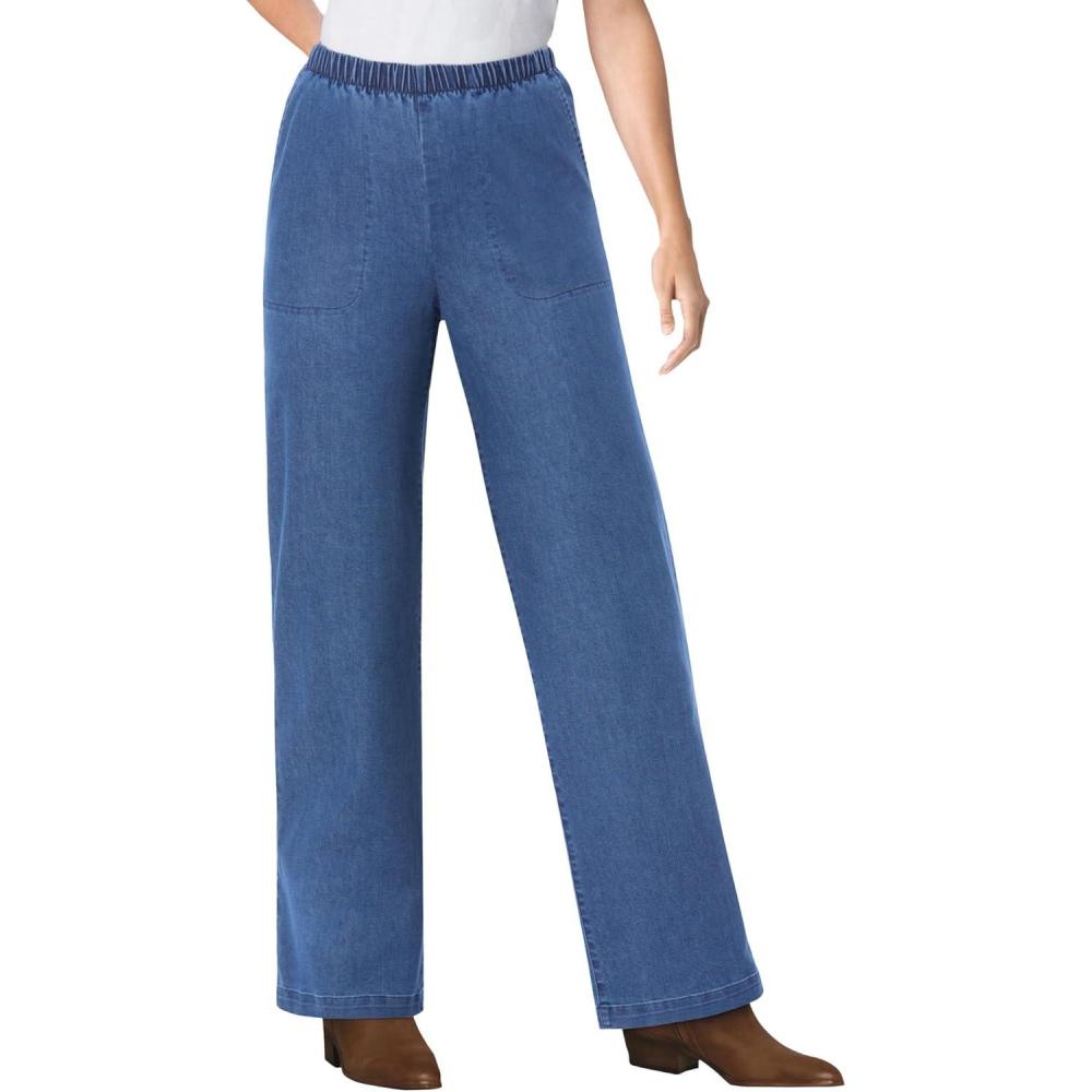 imageWoman Within Plus Size Fineline Stretch Denim WideLeg PullOn JeansMedium Stonewash