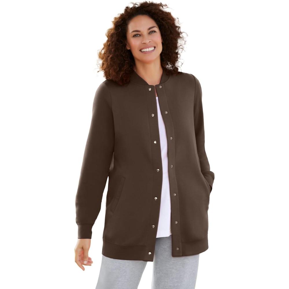 imageWoman Within Plus Size Fleece Baseball Jacket Long Oversized Fleece CoatChocolate