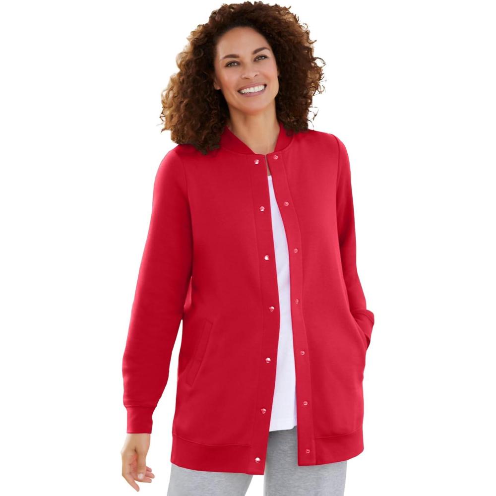 imageWoman Within Plus Size Fleece Baseball Jacket Long Oversized Fleece CoatClassic Red