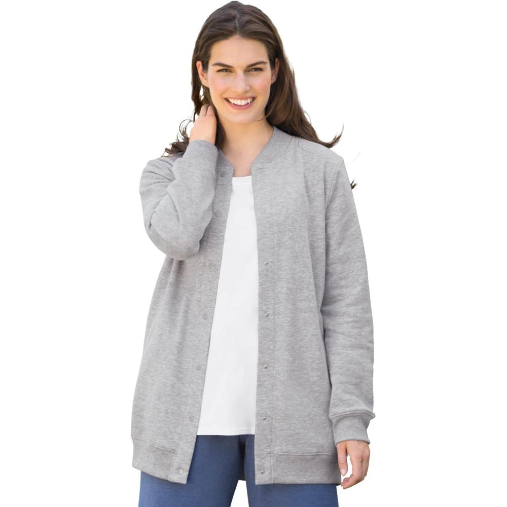 imageWoman Within Plus Size Fleece Baseball Jacket Long Oversized Fleece CoatHeather Grey