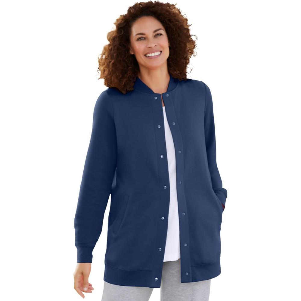 imageWoman Within Plus Size Fleece Baseball Jacket Long Oversized Fleece CoatNavy