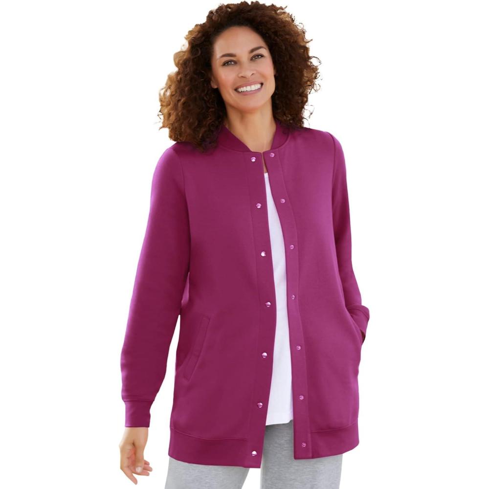 imageWoman Within Plus Size Fleece Baseball Jacket Long Oversized Fleece CoatRaspberry