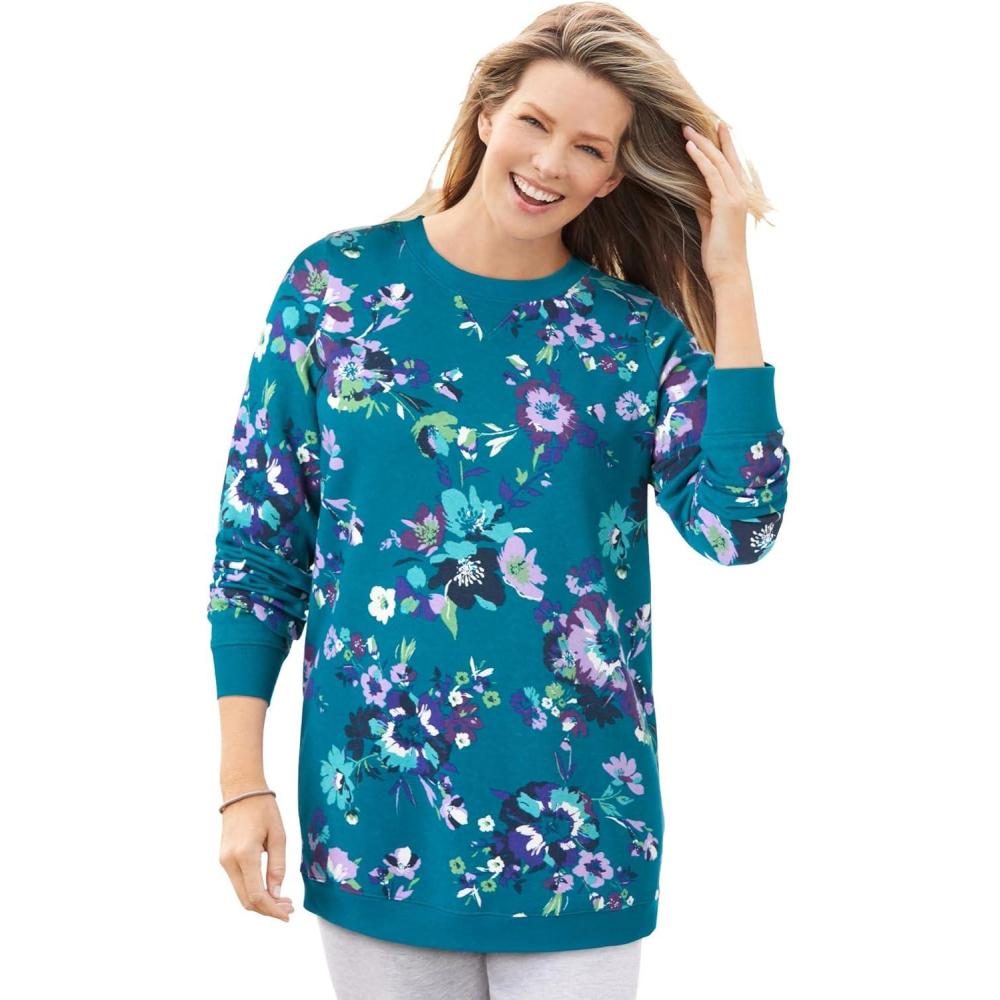 imageWoman Within Plus Size Fleece SweatshirtDeep Teal Romantic Floral