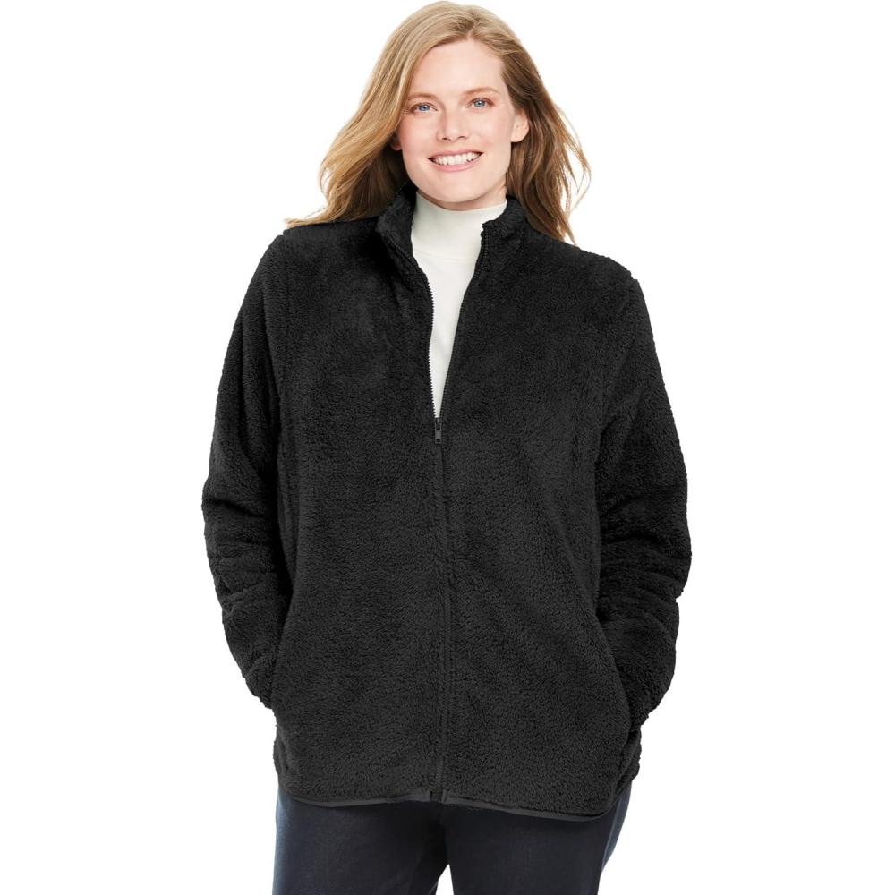 imageWoman Within Plus Size Fluffy Fleece Jacket Oversized ZipUp JacketBlack