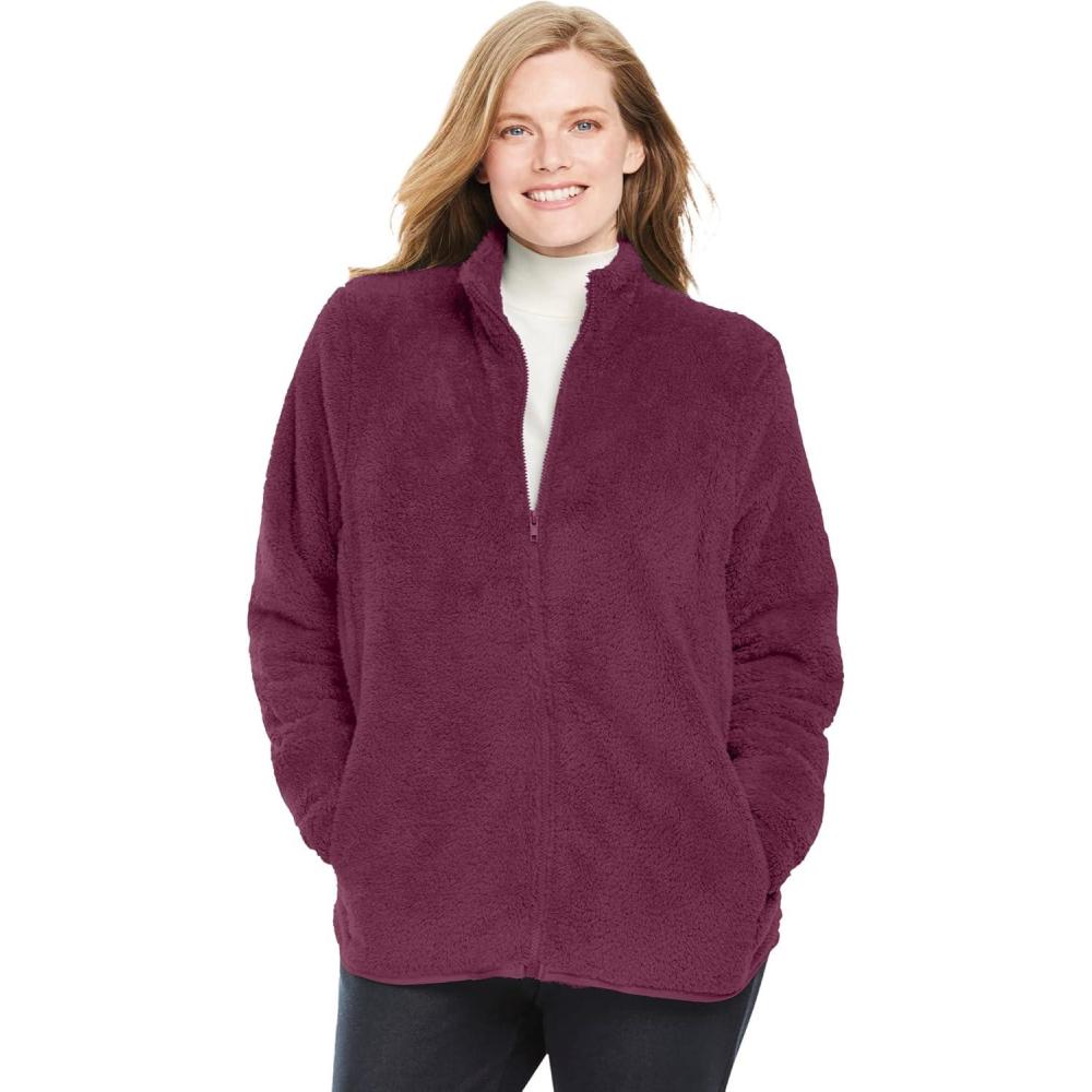 imageWoman Within Plus Size Fluffy Fleece Jacket Oversized ZipUp JacketDeep Claret