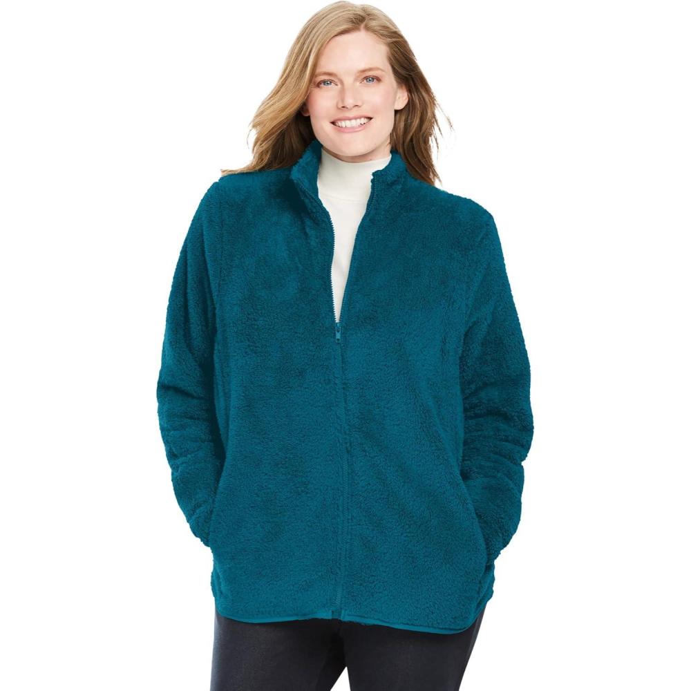 imageWoman Within Plus Size Fluffy Fleece Jacket Oversized ZipUp JacketDeep Teal