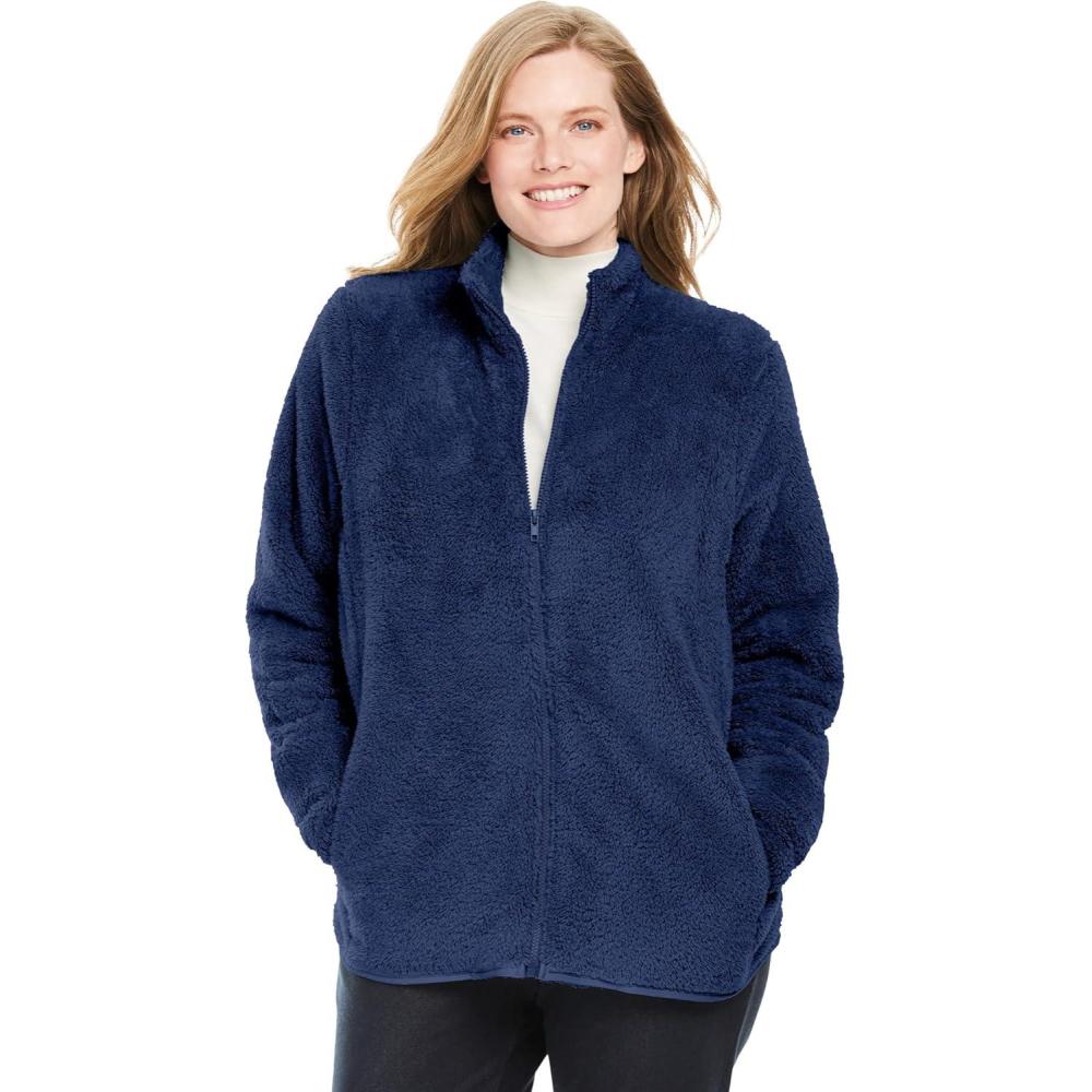 imageWoman Within Plus Size Fluffy Fleece Jacket Oversized ZipUp JacketEvening Blue