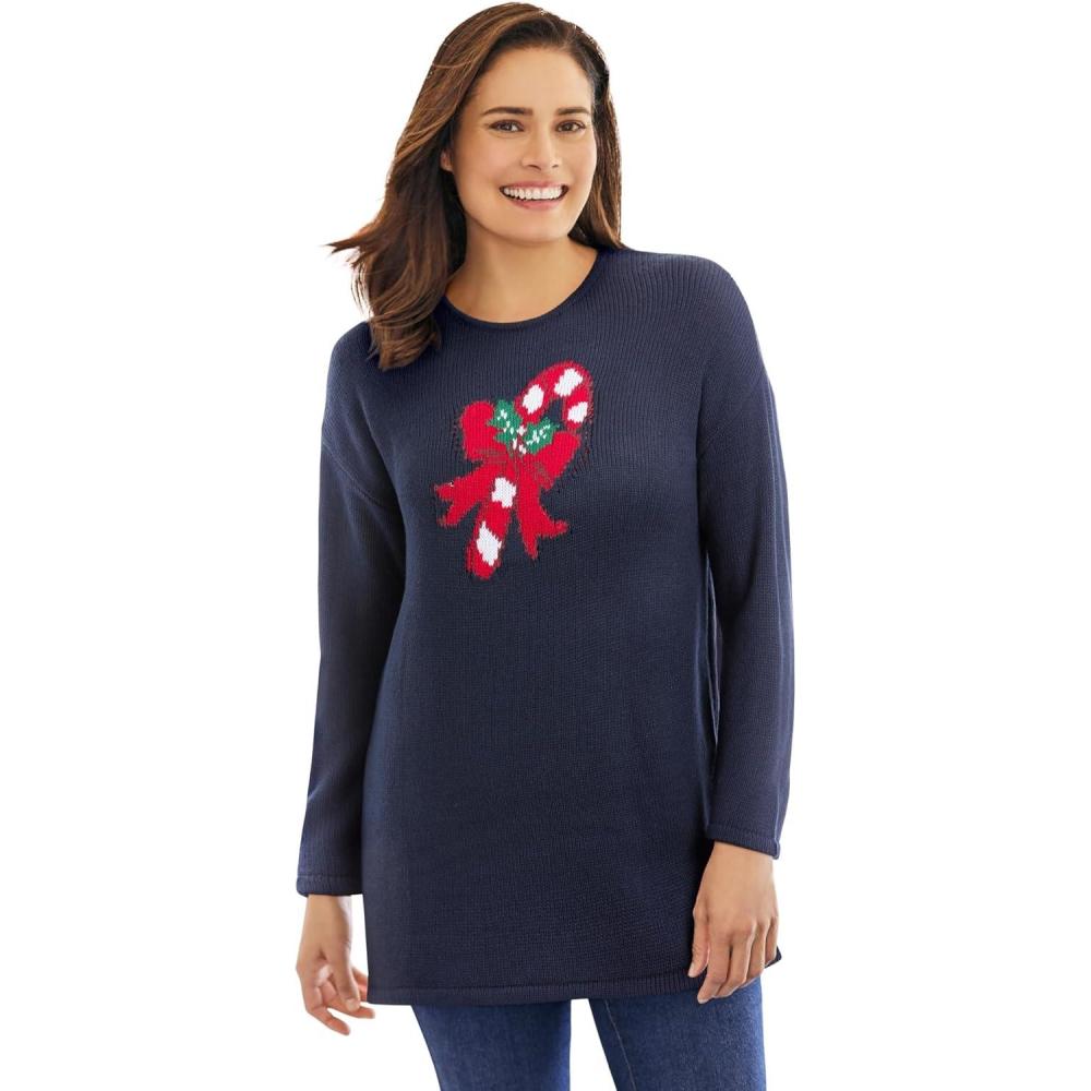 imageWoman Within Plus Size Holiday SweaterNavy Candy Cane