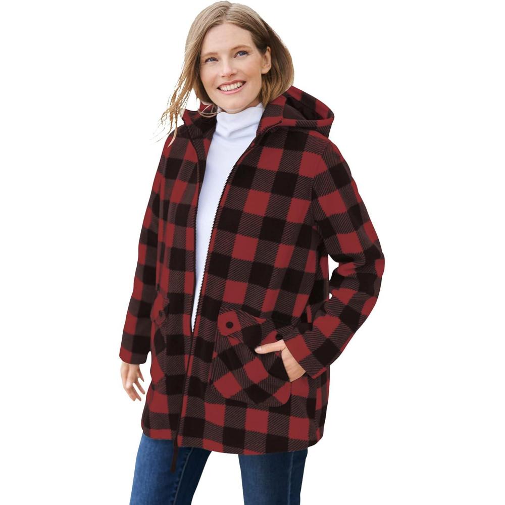 imageWoman Within Plus Size Hooded Fleece CoatClassic Red Buffalo Plaid