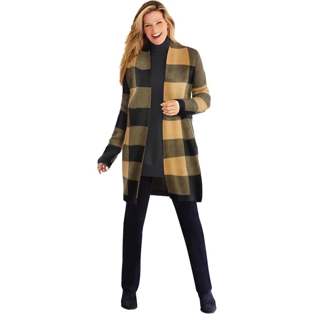 imageWoman Within Plus Size Jacquard Open Front Duster SweaterSoft Camel Buffalo Plaid