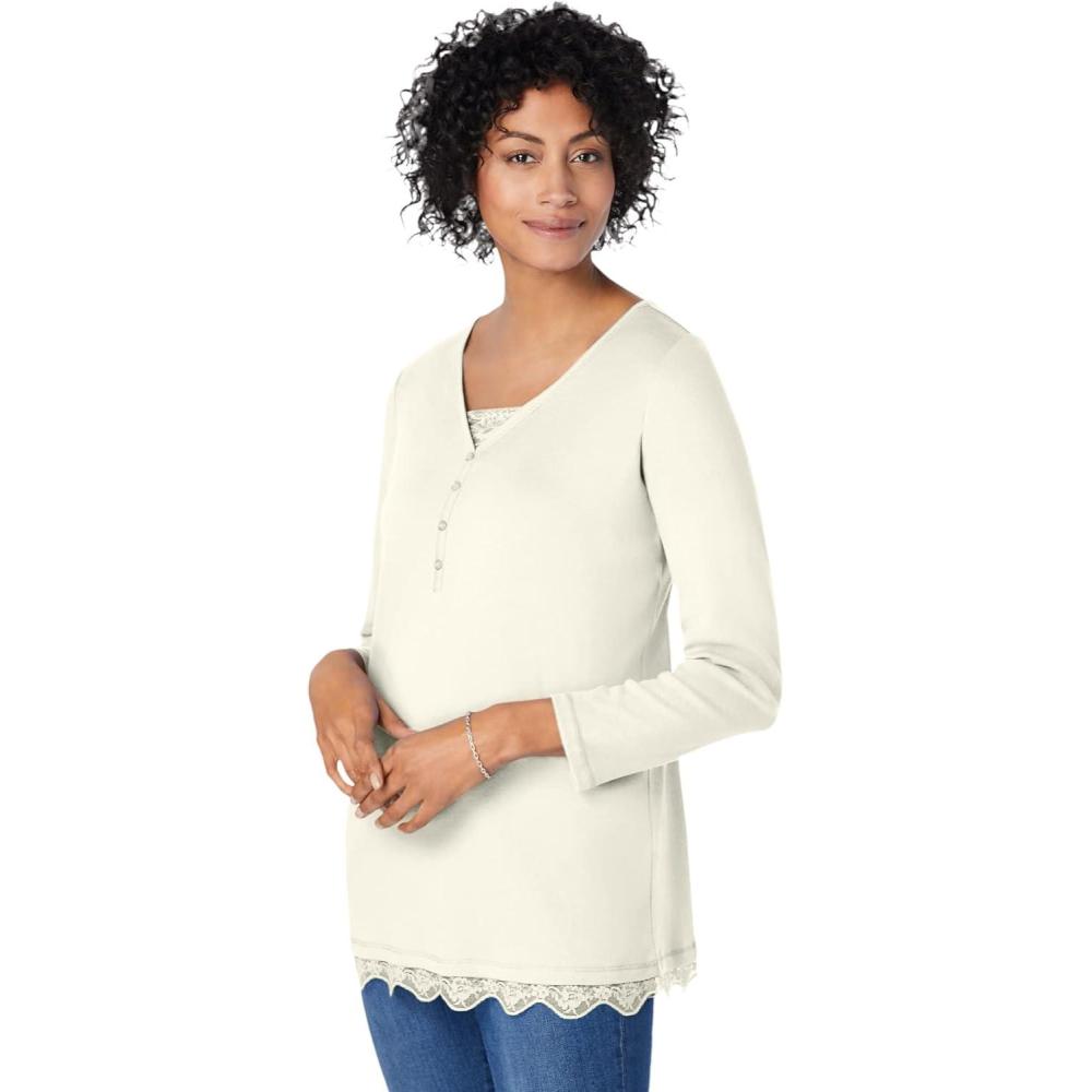 imageWoman Within Plus Size LayeredLook Lace Trim TeeIvory