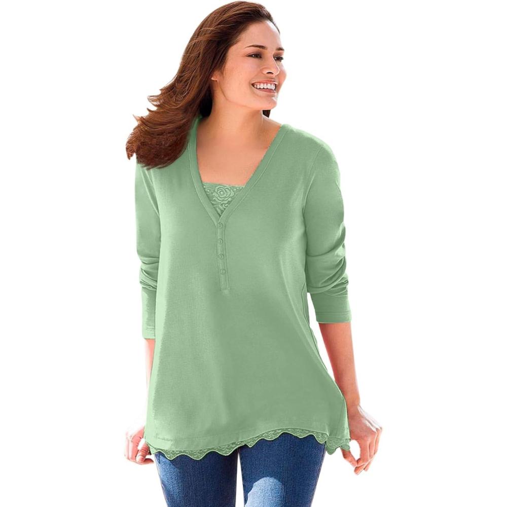 imageWoman Within Plus Size LayeredLook Lace Trim TeeSage